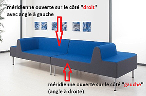 Banquette-méridienne double face, ouverte sur le côté droit  
