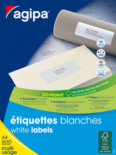 Etiquettes blanches permanentes, coins droits, gros conditionnement