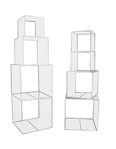 Cubes d'expo ouverts en plexi à empiler, l'unité