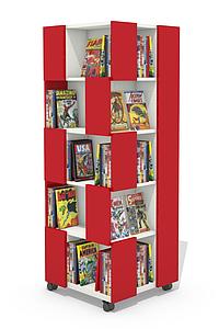 Tour à livres ultra compacte 5 étages 4 faces: sur socle, sur roulettes ou rotative